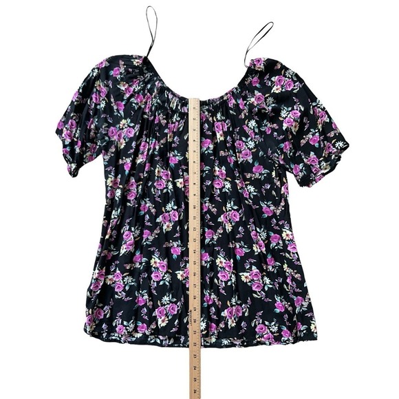 Bobeau Blouse Top Women's Size L Black Floral Off The Shoulder Neck Long Sleeve - Picture 5 of 5